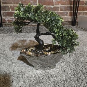 Green Faux Bonsai in Silver Planter Decorations Faux Plants Artificial Plants
